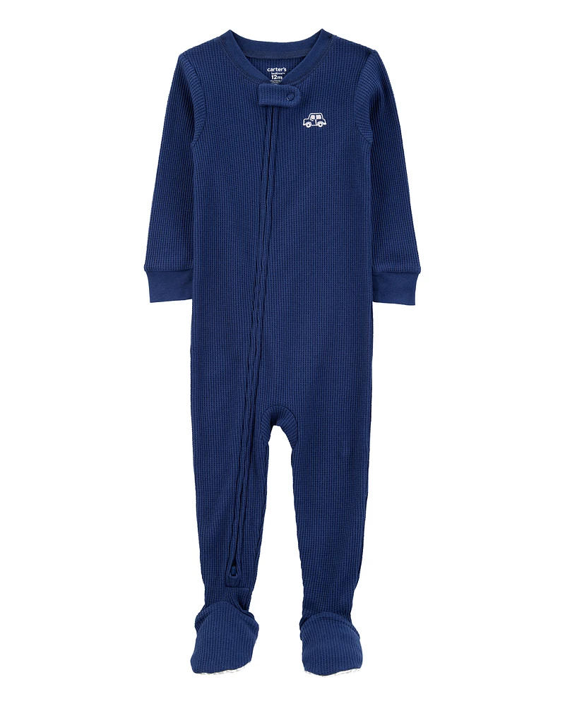 Toddler Car Waffle Knit Footie 1-Piece Pyjamas - Navy