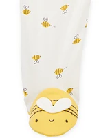 Baby Bee Print 2-Way Zip Cotton Sleeper Pyjamas - Cream