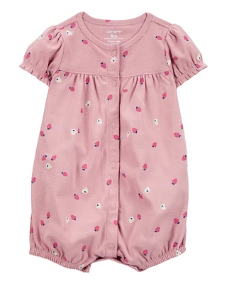 Baby Strawberry Print Ribbed Short-Sleeve Romper - Pink