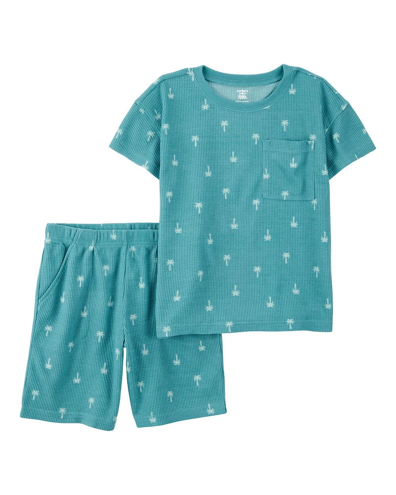 Boys Palm Tree Print Loose Fit Waffle Knit 2-Piece Pyjamas - Turquoise
