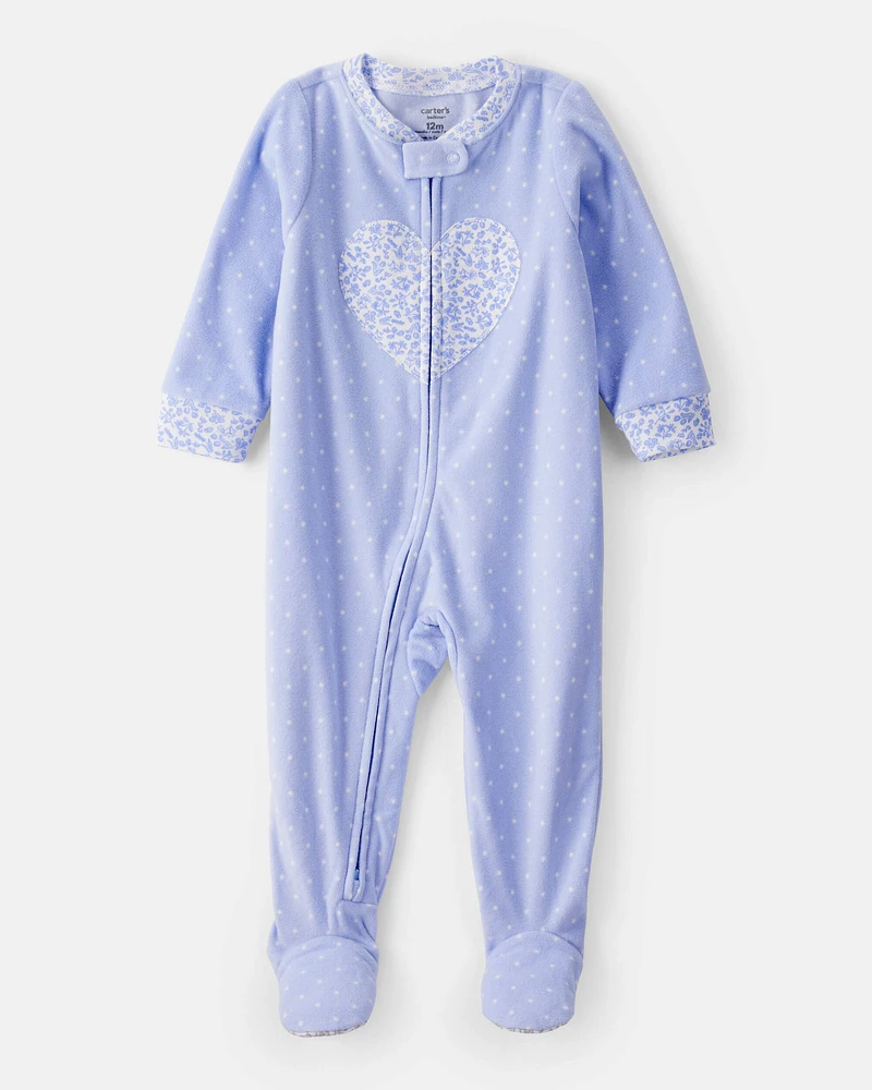 Baby Girl Heart Print Loose Fit Long-Sleeve 2-Way Zip 1-Piece pyjamas - Blue