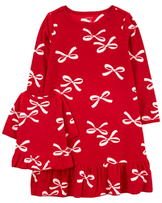 2-Piece Bow Print Fleece Nightgown & Doll Set