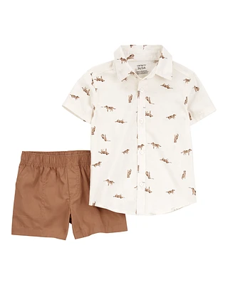 Baby 2-Piece Dog Button-Down Shirt Outfit Set - White/Brown