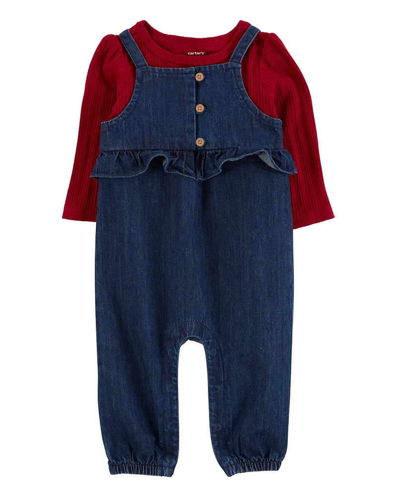 Baby 2-Piece Long-Sleeve Tee & Denim Jumpsuit Set