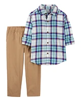 Toddler 2-Piece Plaid Button-Front Shirt & Canvas Pant Set