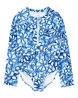 Kid 1- Piece Floral Long-Sleeve Rashguard Swimsuit - Blue