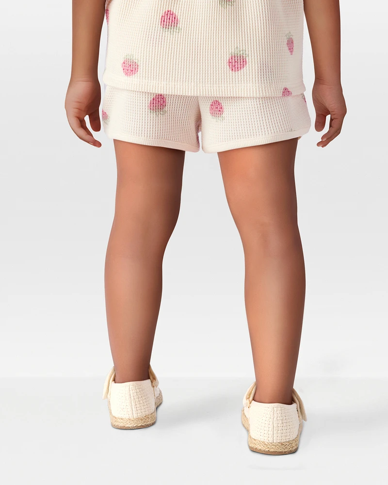 Toddler Strawberry Print Waffle Knit Shorts - Ivory