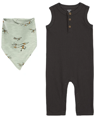 Baby 2-Piece Drop Needle Jumpsuit & Bandana Bib Set