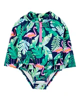 Baby 1-Piece Tropical Flamingo Long-Sleeve Rashguard Swimsuit