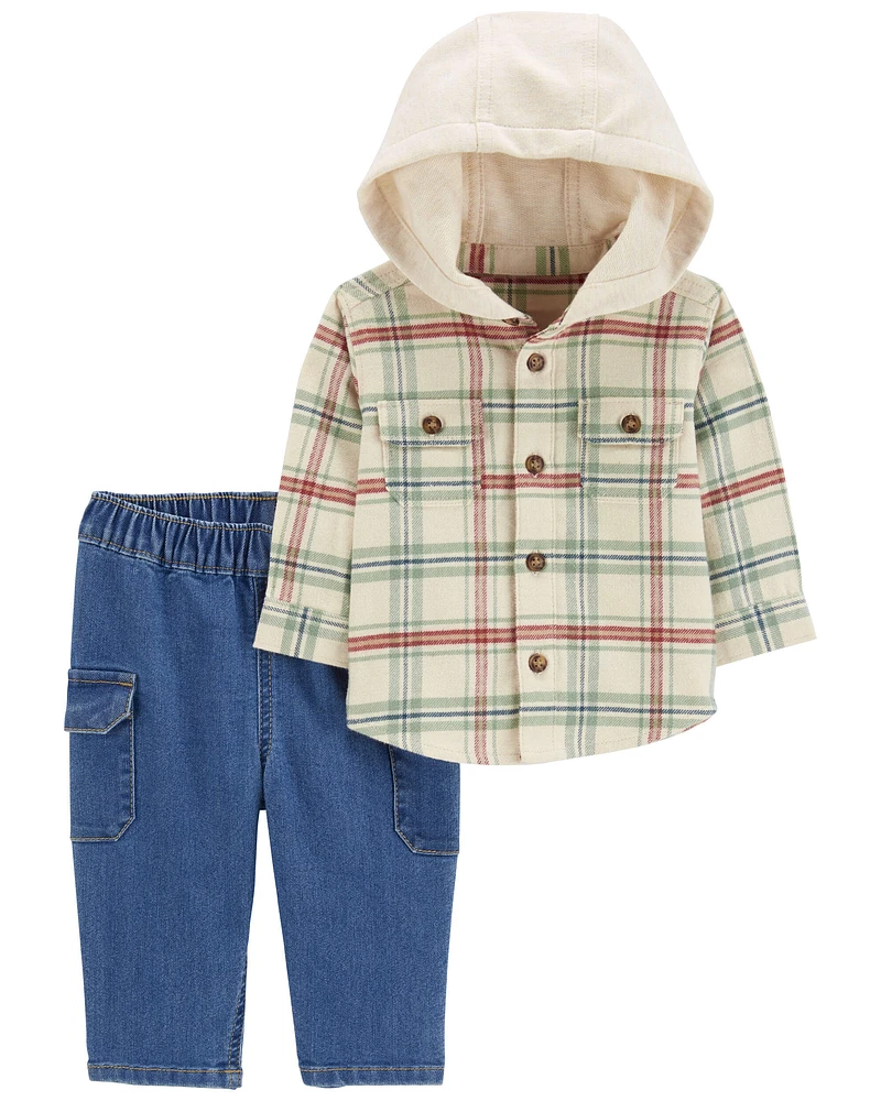 Baby 2-Piece Plaid Hooded Shirt & Pull-On Pant Set