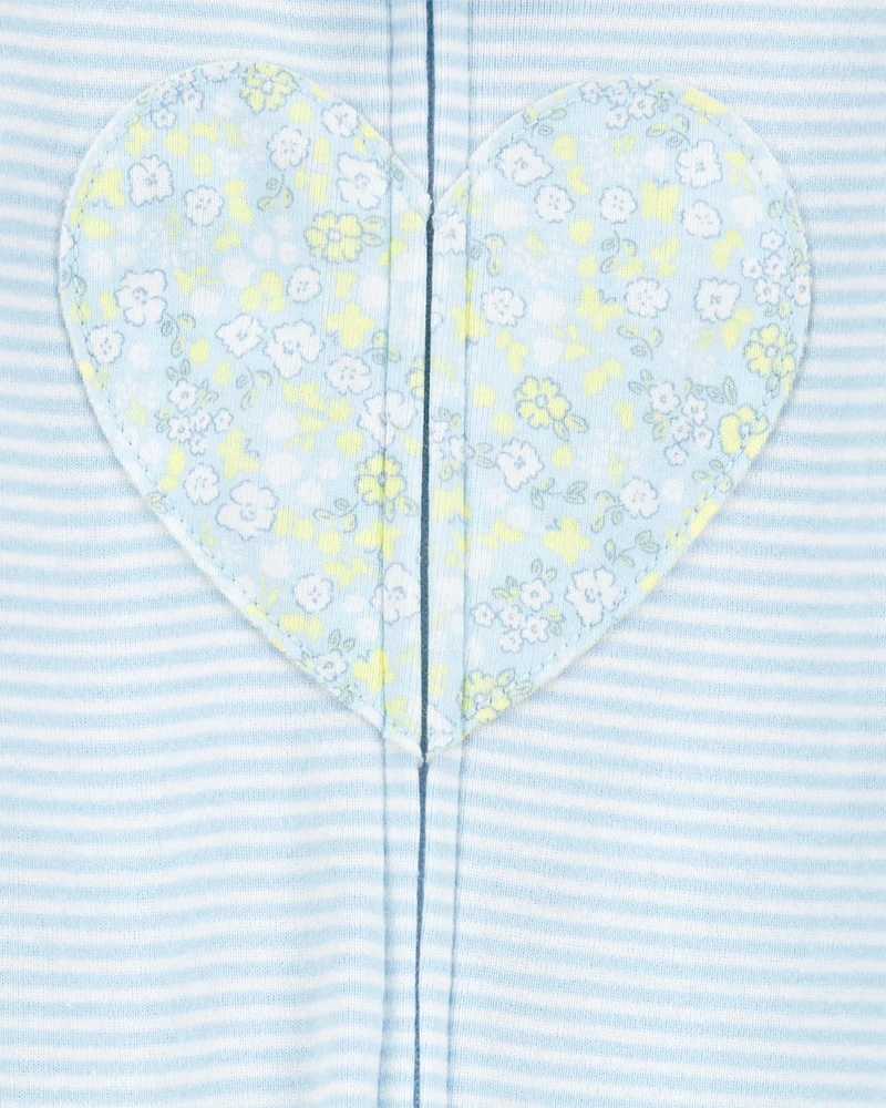Baby Girl Heart Striped Snug Fit Cotton Footie 1-Piece Pyjamas - Blue