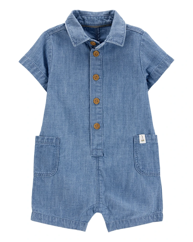 Baby Solid Cotton Blend Romper - Blue