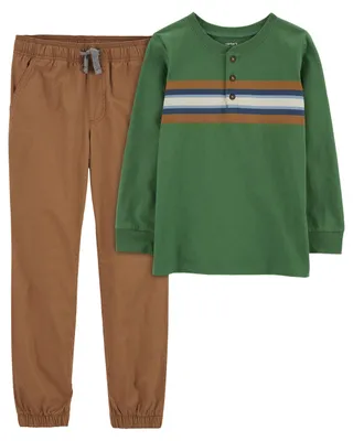 Kid 2-Piece Striped Jersey Henley & Pull-On Poplin Pants