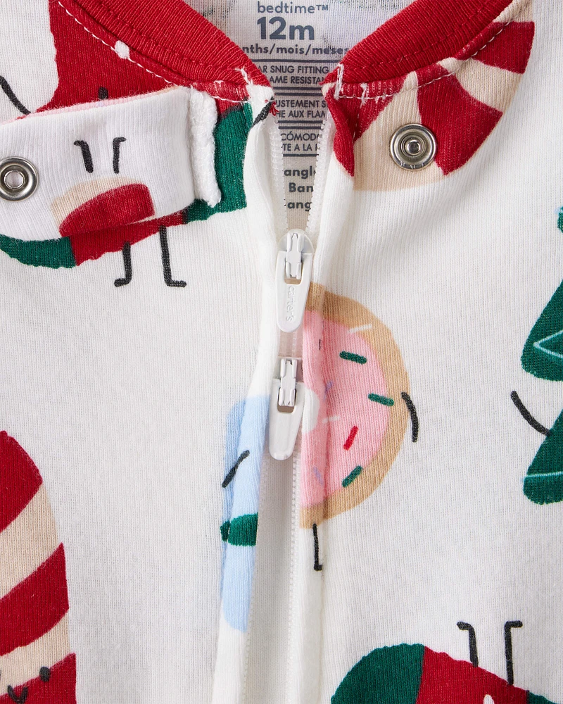 Toddler Christmas Print 100% Cotton Long-Sleeve 2-Way Zip 1-Piece pyjamas - White
