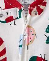 Toddler Christmas Print 100% Cotton Long-Sleeve 2-Way Zip 1-Piece pyjamas - White