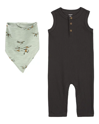 Baby 2-Piece Drop Needle Jumpsuit & Bandana Bib Set