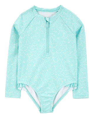 Toddler 1- Piece Floral Long-Sleeve Rashguard Swimsuit - Blue