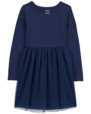 Kid Tulle Long-Sleeve Ribbed Dress