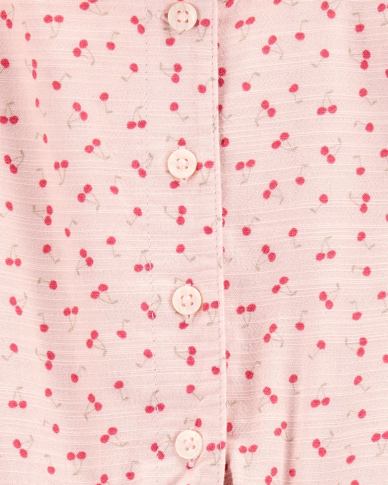 Kid Tie Button-Front Cherry Romper