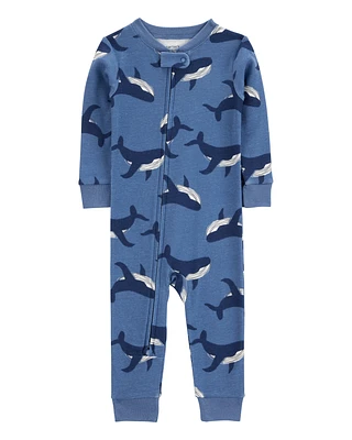 Baby Whale Print Snug Fit Cotton Footless 1-Piece Pyjamas - Navy