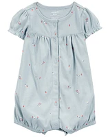 Baby Floral Print Ribbed Short-Sleeve Romper - Blue