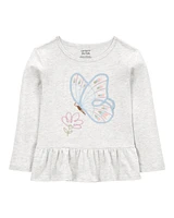 Toddler Butterfly Jersey Long-Sleeve Peplum Top - Grey