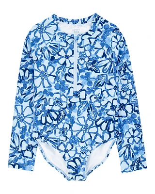 Kid 1- Piece Floral Long-Sleeve Rashguard Swimsuit - Blue