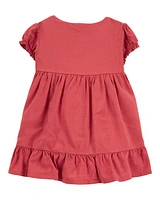 Baby Short-Sleeve Linen Look-alike Tiered Dress - Red
