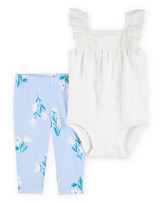 Baby 2-Piece Eyelet Flutter Bodysuit Pant Set - White/Blue