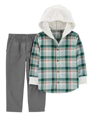 Baby 2-Piece Plaid Hooded Button-Front & Pant Set