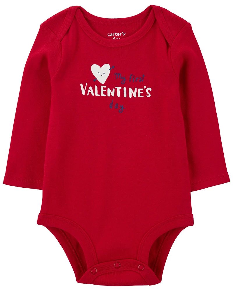 Heart Valentine's Day Ribbed Long-Sleeve Bodysuit - Red