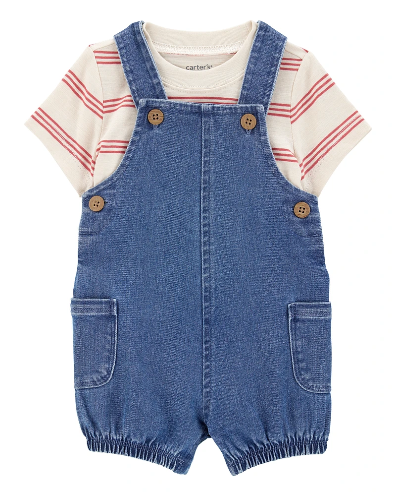 Baby 2-Piece Striped Tee & Denim Shortall Set - Navy/Ivory