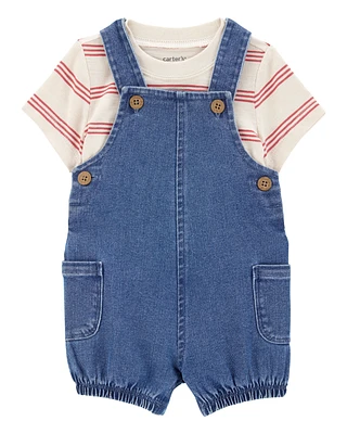 Baby 2-Piece Striped Tee & Denim Shortall Set - Navy/Ivory