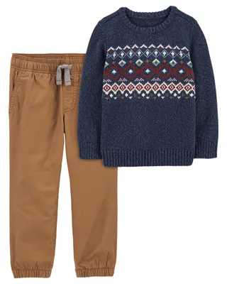 Toddler 2-Pack Fair Isle Cotton Sweater & Pull-On Poplin Pants