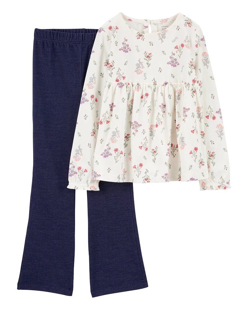 Kid 2-Piece Floral Long-Sleeve Top & Pull-On Flare Pant Set