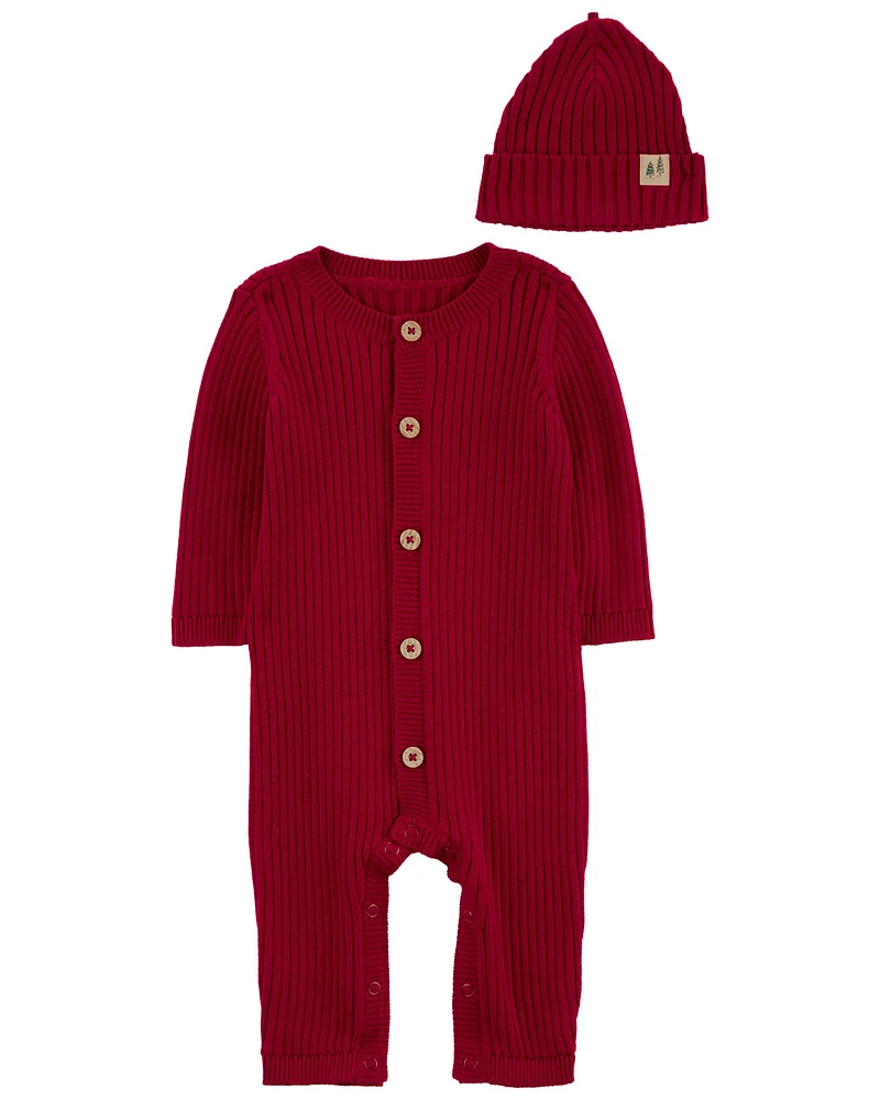 Baby 2-Piece Red Sweater Jumpsuit & Cap