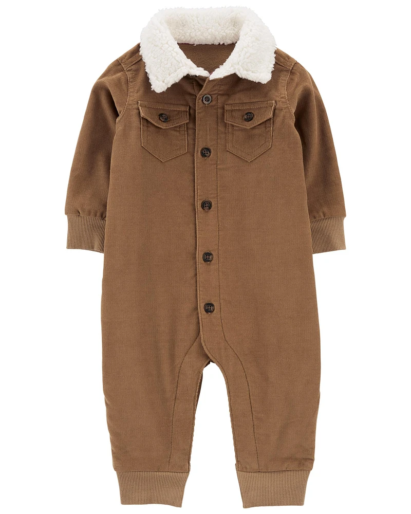 Baby Button-Front Corduroy Jumpsuit with Sherpa Collar