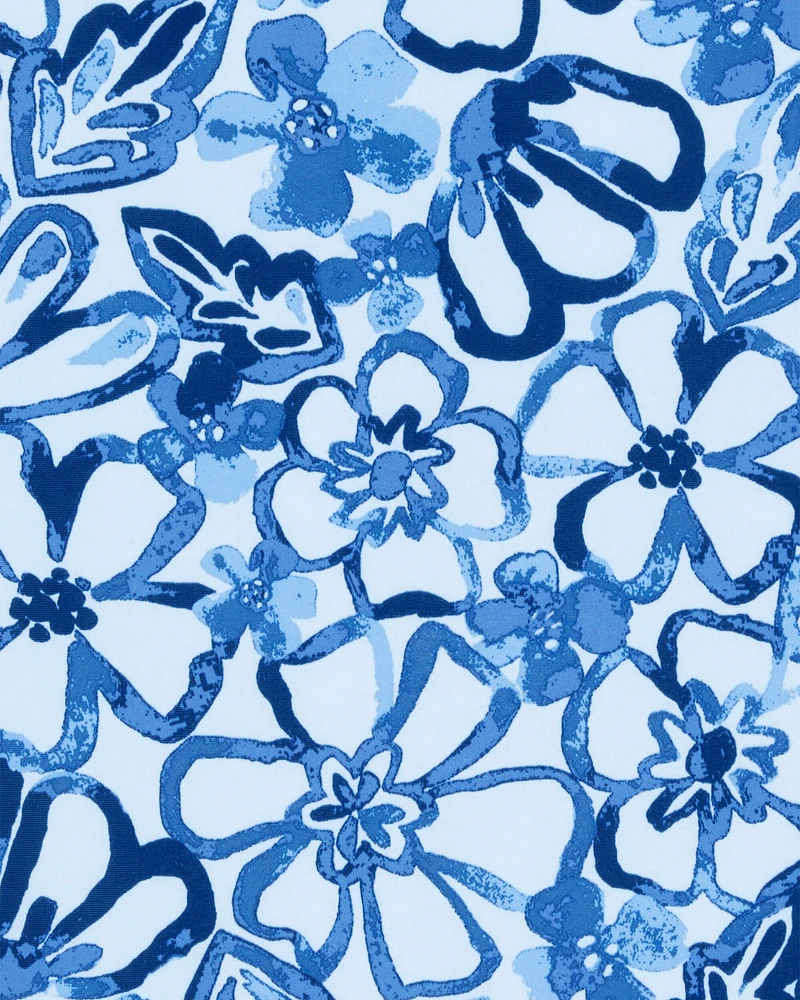 Kid 1- Piece Floral Long-Sleeve Rashguard Swimsuit - Blue