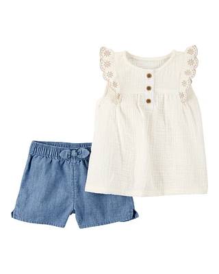 Baby 2-Piece Eyelet-Sleeve Tank & Pull-On Chambray Short Set - Ivory/Chambray