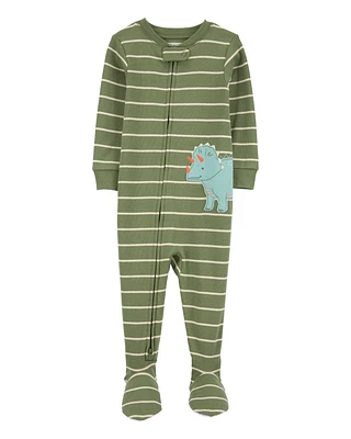Baby Dinosaur Striped Snug Fit Cotton Footie 1-Piece Pyjamas - Green
