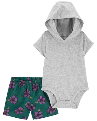 2-Piece Hooded Bodysuit & Floral Short Set
