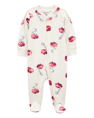 Baby Fire Truck Print 2-Way Zip Cotton Sleeper Pyjamas - Cream