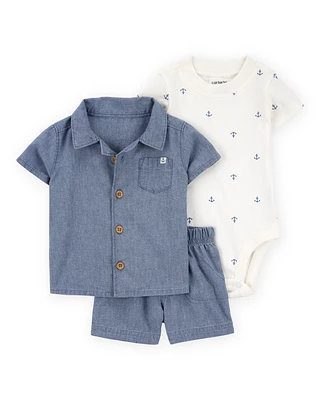 Baby 3-Piece Chambray Anchor Outfit Set - Blue