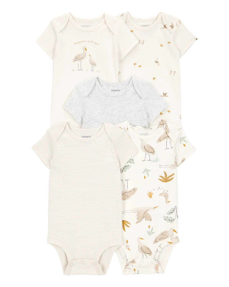 Baby 5-Pack Striped Birds Short-Sleeve Cotton Bodysuits