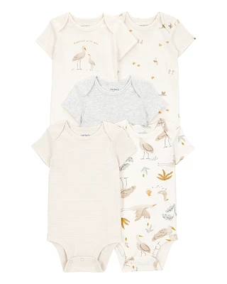 Baby 5-Pack Striped Birds Short-Sleeve Cotton Bodysuits