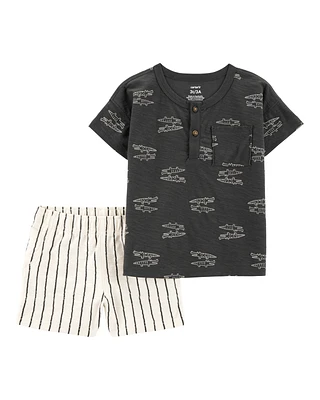 Baby 2-Piece Alligator Henley Tee & Striped Pull-On Shorts