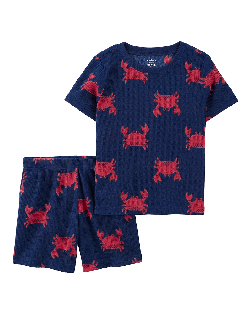 Toddler Crab Print Loose Fit Waffle Knit 2-Piece Pyjamas - Navy