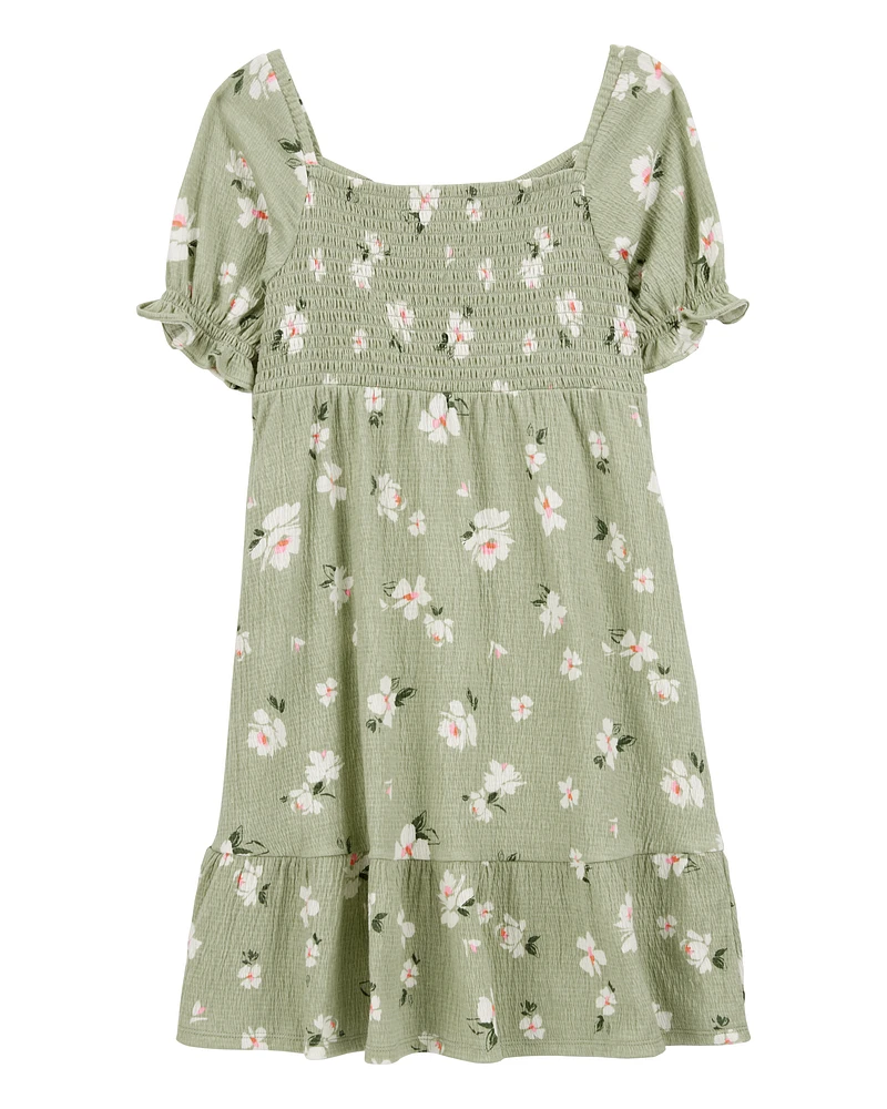 Kid Smocked Floral Dress- Green