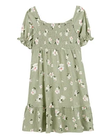 Kid Smocked Floral Dress- Green