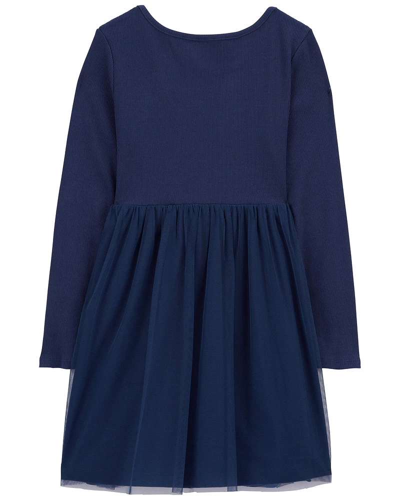 Kid Tulle Long-Sleeve Ribbed Dress